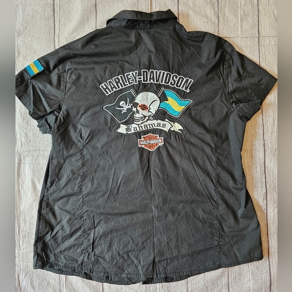 Harley-Davidson Bahamas Patch Women’s Size Large Shirt Black Cotton Button - Picture 1 of 9